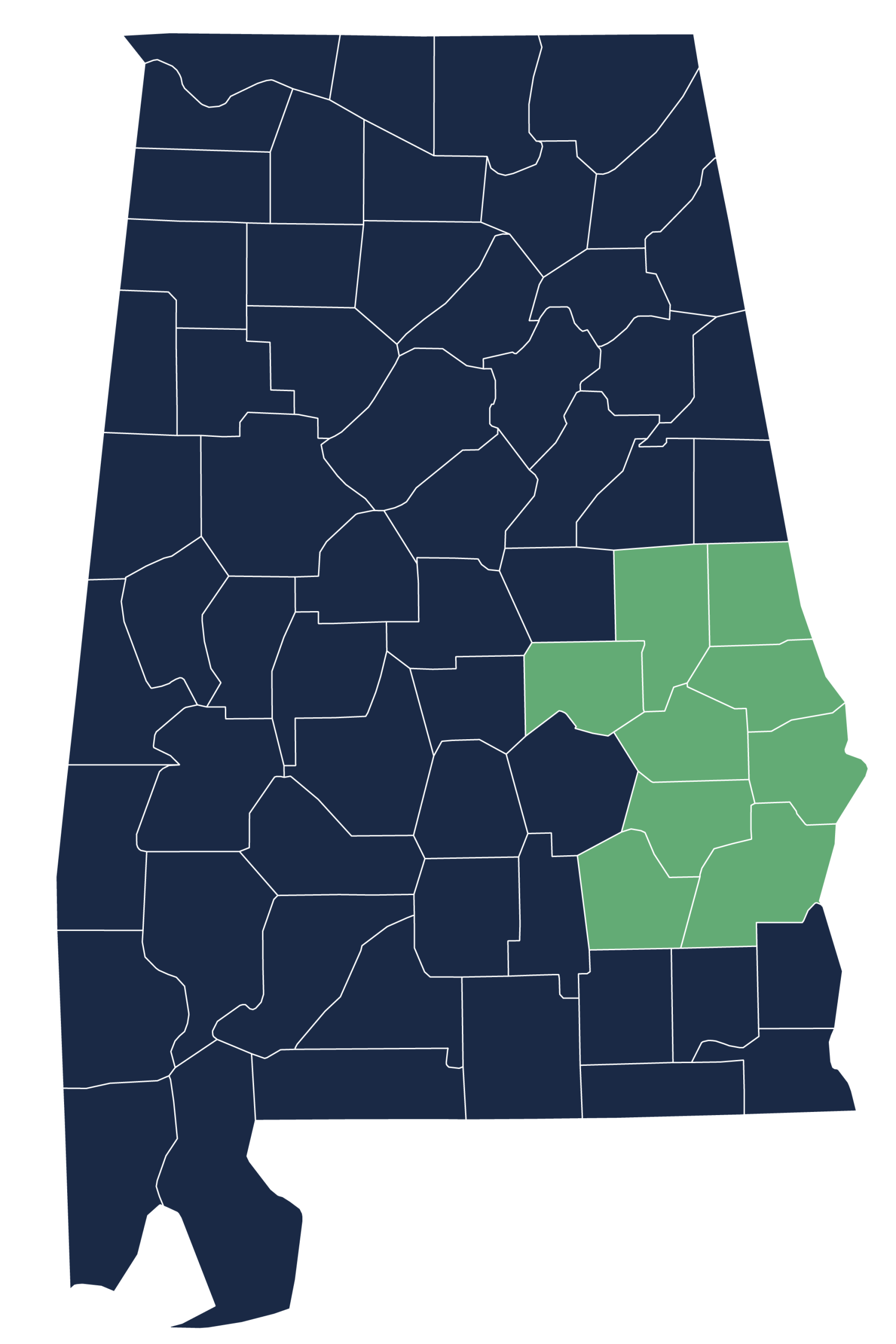 Map of Alabama with east Alabama highlighted.